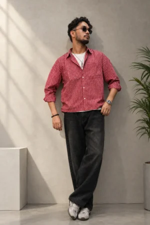 Men’s Plaid Button-Up Shirt with Roll-Tab Sleeves